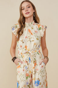 HY9276 Cream Womens Textured Floral Smock Neck Sleeveless Jumpsuit Gif