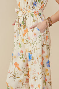 HY9276 Cream Womens Textured Floral Smock Neck Sleeveless Jumpsuit Front