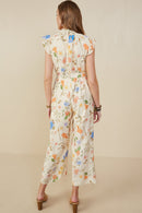 HY9276 Cream Womens Textured Floral Smock Neck Sleeveless Jumpsuit Detail