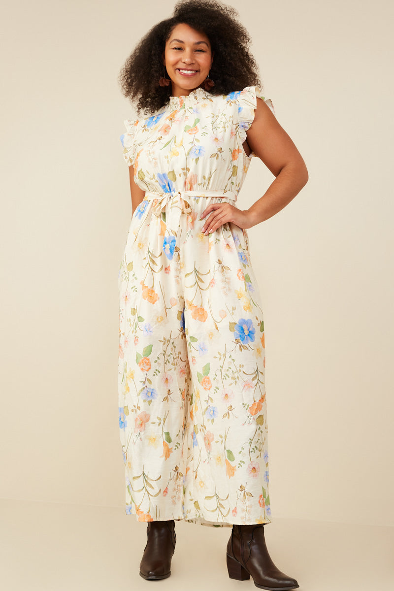 Textured Floral Smock Neck Sleeveless Jumpsuit