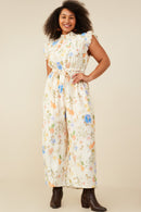 HY9276W Cream Plus Textured Floral Smock Neck Sleeveless Jumpsuit Full Body