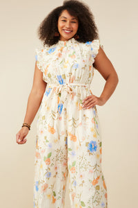 HY9276 Cream Womens Textured Floral Smock Neck Sleeveless Jumpsuit Back