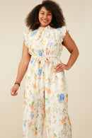 HY9276 Cream Womens Textured Floral Smock Neck Sleeveless Jumpsuit Back