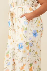 HY9276W Cream Plus Textured Floral Smock Neck Sleeveless Jumpsuit Gif