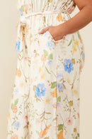 HY9276W Cream Plus Textured Floral Smock Neck Sleeveless Jumpsuit Gif