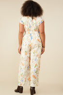 HY9276W Cream Plus Textured Floral Smock Neck Sleeveless Jumpsuit Front