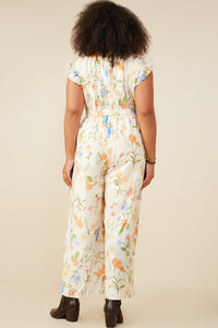 HY9276W Cream Plus Textured Floral Smock Neck Sleeveless Jumpsuit Front