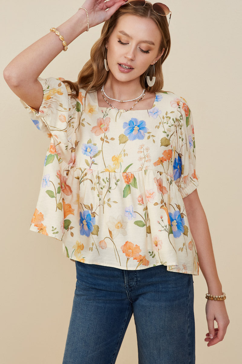 Floral Print Textured Babydoll Top