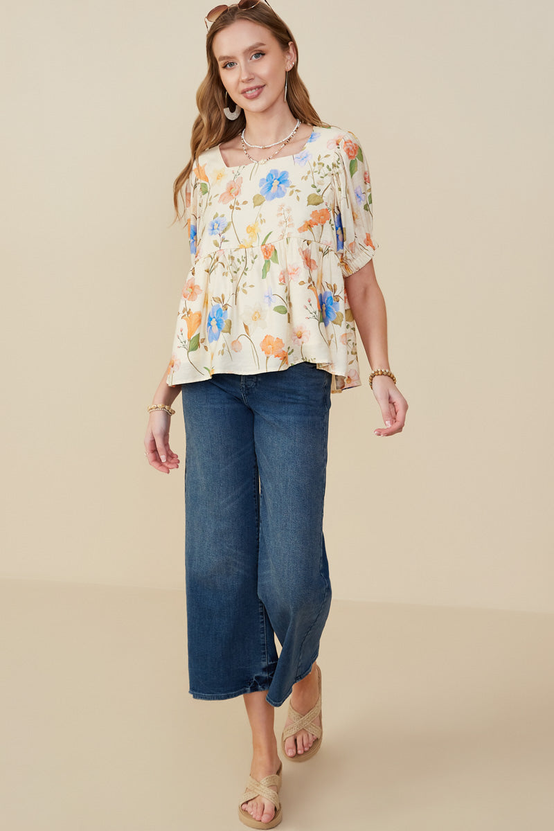 Floral Print Textured Babydoll Top