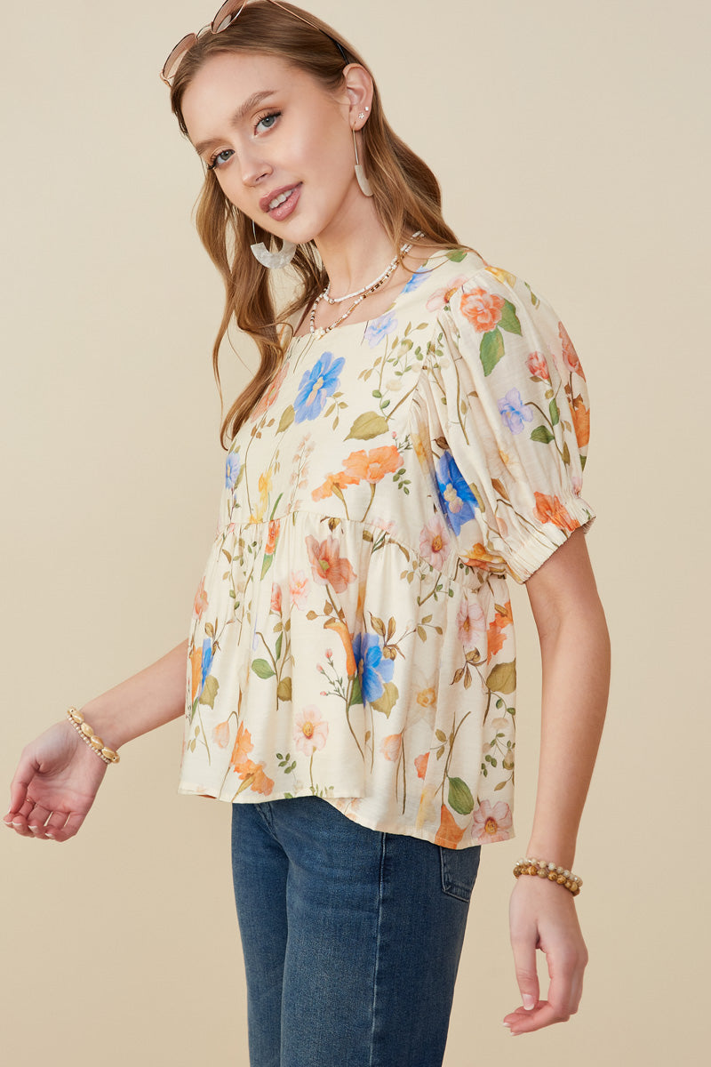 Floral Print Textured Babydoll Top