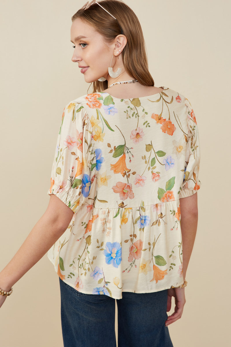 Floral Print Textured Babydoll Top