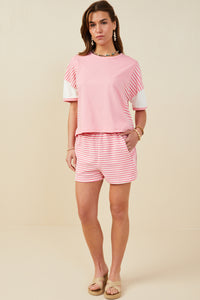 HY9284 Black Womens Colorblock Stripe Insert Knit T Shirt Gif