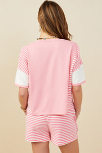 HY9284 Black Womens Colorblock Stripe Insert Knit T Shirt Side