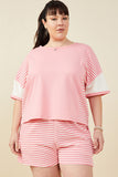 HY9284 Black Womens Colorblock Stripe Insert Knit T Shirt Front