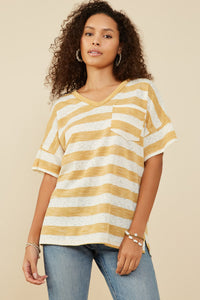HY9286W Honey Plus Relaxed Fit Marled Striped Raw Edge Knit T Shirt Front