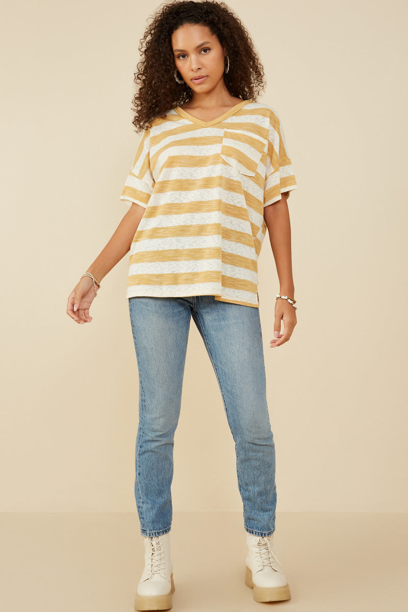 HY9286 Honey Womens Relaxed Fit Marled Striped Raw Edge Knit T Shirt Gif