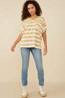 HY9286 Honey Womens Relaxed Fit Marled Striped Raw Edge Knit T Shirt Gif
