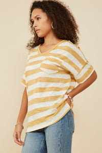 HY9286 Honey Womens Relaxed Fit Marled Striped Raw Edge Knit T Shirt Full Body