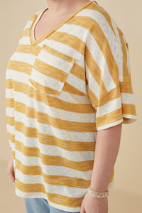 HY9286W Honey Plus Relaxed Fit Marled Striped Raw Edge Knit T Shirt Gif