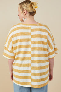 HY9286W Honey Plus Relaxed Fit Marled Striped Raw Edge Knit T Shirt Full Body