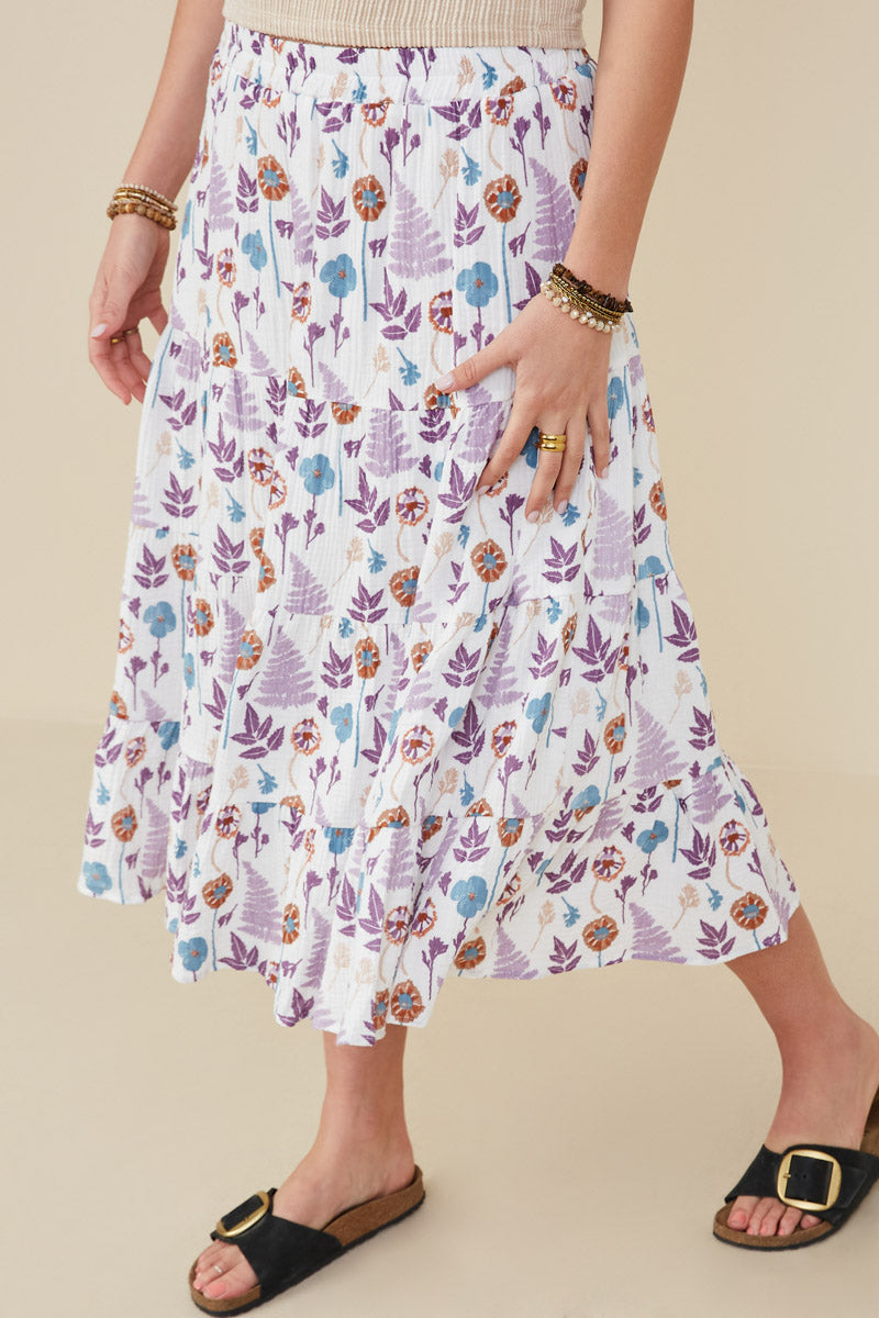 HY9292 Lavender Mix Womens Botanical Print Tiered Gauze Skirt Gif