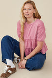 HY9299W Mauve Plus Washed Drop Shoulder Peplum Knit Top Front