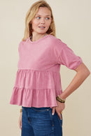 HY9299 Mauve Womens Washed Drop Shoulder Peplum Knit Top Full Body
