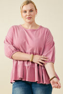 HY9299 Mauve Womens Washed Drop Shoulder Peplum Knit Top Pose