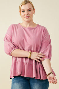 HY9299 Mauve Womens Washed Drop Shoulder Peplum Knit Top Pose