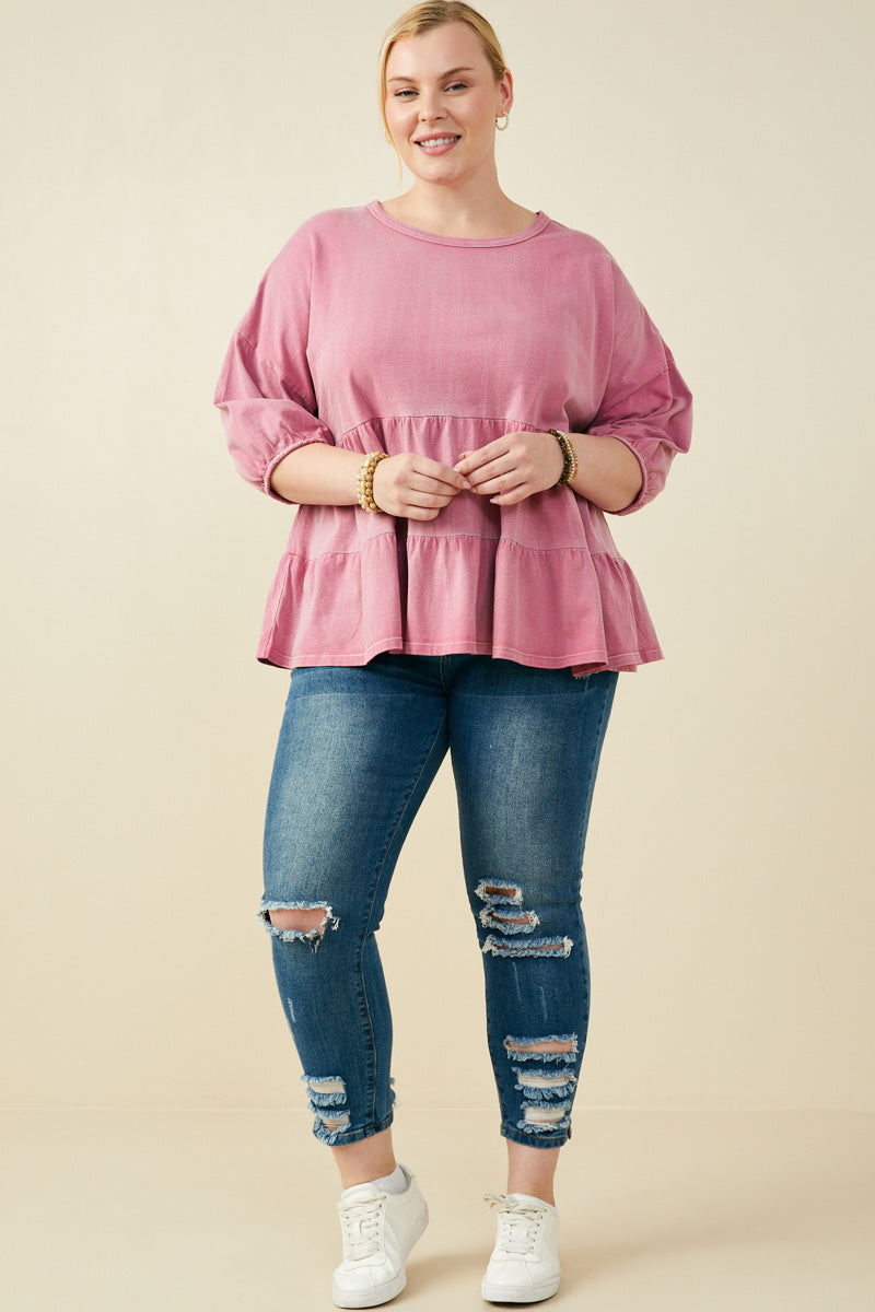 HY9299 Mauve Womens Washed Drop Shoulder Peplum Knit Top Front