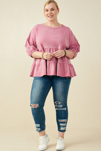 HY9299 Mauve Womens Washed Drop Shoulder Peplum Knit Top Front