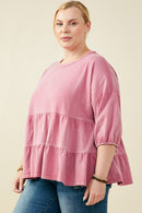 HY9299W Mauve Plus Washed Drop Shoulder Peplum Knit Top Gif