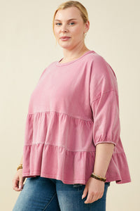 HY9299W Mauve Plus Washed Drop Shoulder Peplum Knit Top Gif