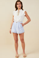 HY9304 Blue Womens Eyelet Lace Striped Buttoned Shorts Back