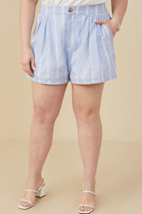HY9304W Blue Plus Eyelet Lace Striped Buttoned Shorts Front
