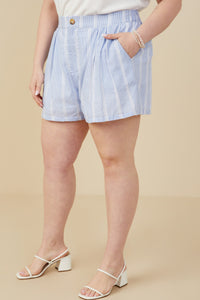 HY9304 Blue Womens Eyelet Lace Striped Buttoned Shorts Full Body