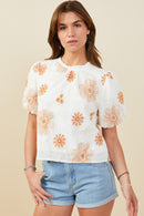 HY9317 Burgundy Womens Daisy Embroidered Puff Sleeve Top Front