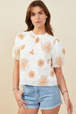HY9317 Off White Womens Daisy Embroidered Puff Sleeve Top Front
