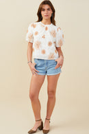 HY9317 Burgundy Womens Daisy Embroidered Puff Sleeve Top Side