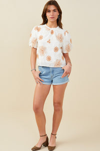 HY9317 Burgundy Womens Daisy Embroidered Puff Sleeve Top Side