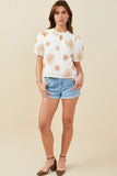 HY9317 Off White Womens Daisy Embroidered Puff Sleeve Top Gif