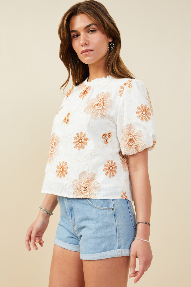 HY9317 Burgundy Womens Daisy Embroidered Puff Sleeve Top Back