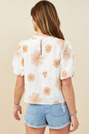 HY9317W Burgundy Plus Daisy Embroidered Puff Sleeve Top Side