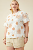 HY9317W Off White Plus Daisy Embroidered Puff Sleeve Top Front