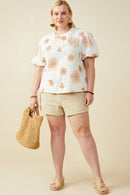 HY9317W Burgundy Plus Daisy Embroidered Puff Sleeve Top Back