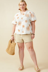 HY9317W Burgundy Plus Daisy Embroidered Puff Sleeve Top Back