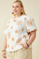 HY9317 Off White Womens Daisy Embroidered Puff Sleeve Top Front