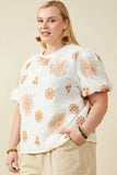 HY9317W Off White Plus Daisy Embroidered Puff Sleeve Top Gif