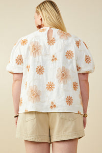 HY9317W Off White Plus Daisy Embroidered Puff Sleeve Top Front