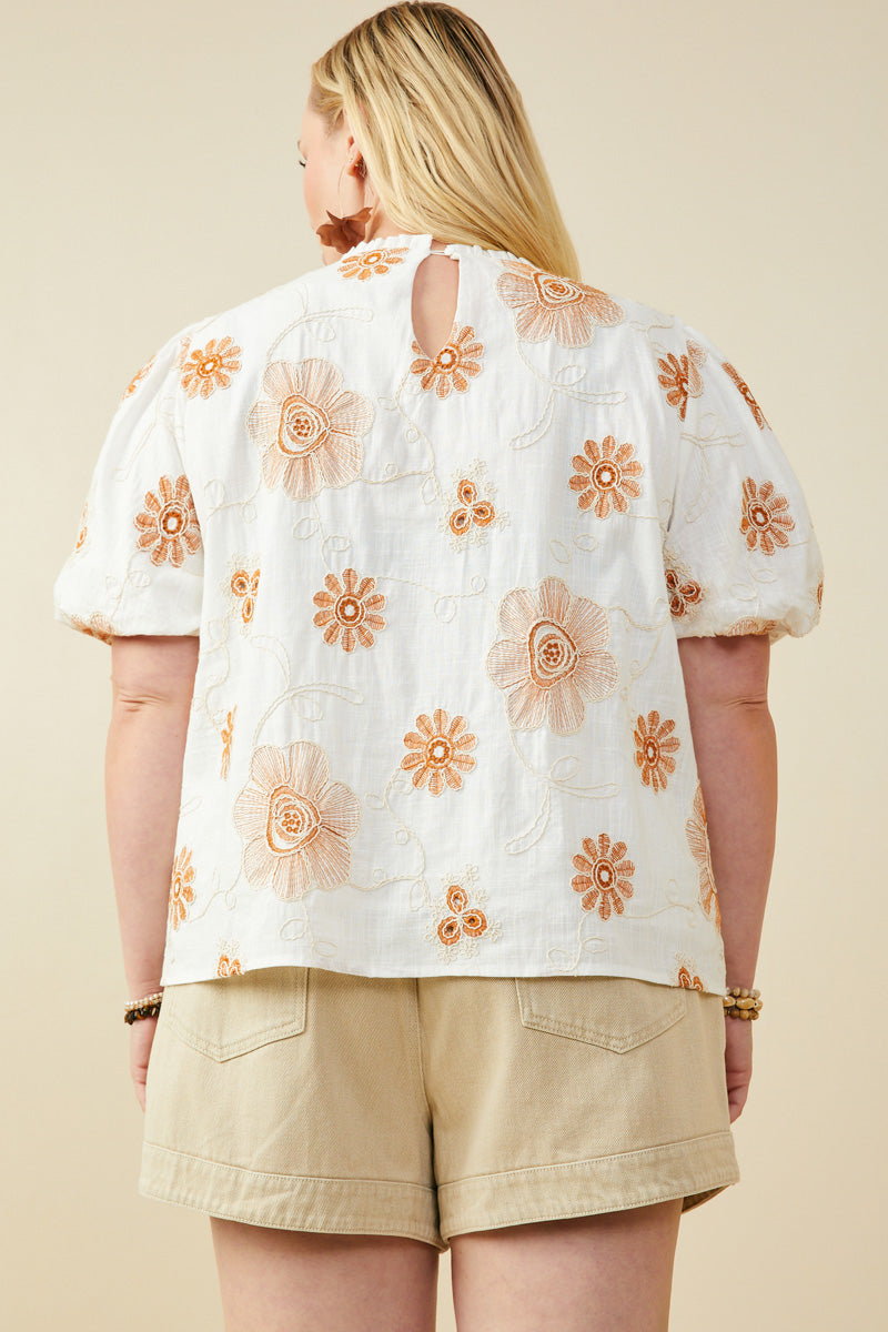 HY9317W Off White Plus Daisy Embroidered Puff Sleeve Top Front